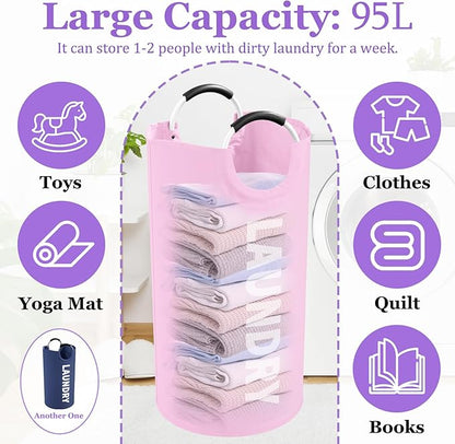 2Pcs Folding Laundry Basket for Adult, 95L Portable Laundry Baskets with Aluminum Handles, Multi-functional Dirty Clothes Hampers for Bedroom, Travel, Navy Blue + Pink
