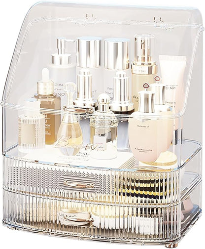 Plukers Makeup Organizer Countertop Vanity with Transparent Lid Drawers Waterproof Dustproof Cosmetic Skincare Bathroom Storage Gift for Women Teens Girls (Clear Whtie)