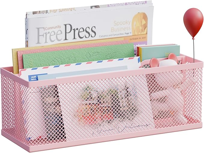 Mail Holder Countertop, Mail Organizer with 2 Slots, Mail Basket Wall Mounted Desktop Mail Sorter Letter Holder Box Envelope Organizer for Home Office, Pink