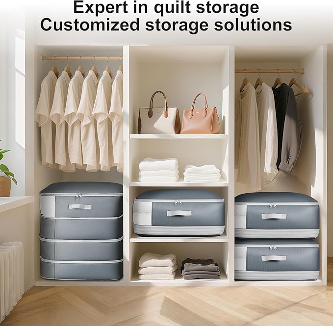 Easortm Comforter Storage Bag - 130L Large Capacity Blanket Storage Bags 4-Layer Ultra Space Saving Self Compression Organizer, Washable Compression Bags for Storage Comforter Blanket, 2-Pack, Grey