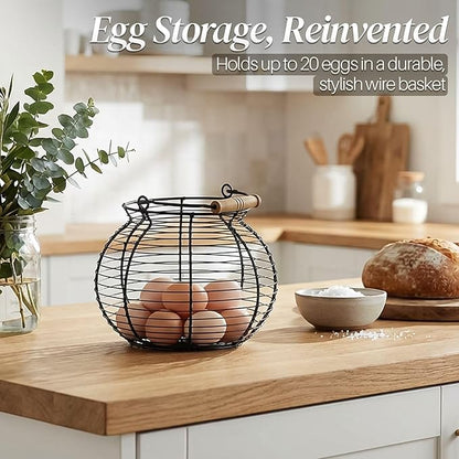 Flexzion Egg Basket for Gathering Fresh Eggs - Round Wire Countertop Egg Holder with Wooden Handles, Farmhouse Chicken Eggs Collecting Basket Storage for Countertop, Kitchen Organizer and Farm (Black)