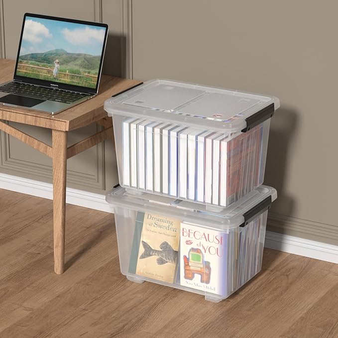 Qqbine 50 Quart Large Plastic Latching Box with Lid, Clear Storage Bin with Wheels, Stackable, 4 Packs