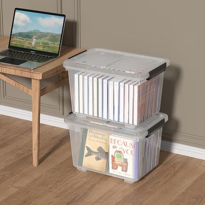 Qqbine 50 Quart Large Plastic Latching Box with Lid, Clear Storage Bin with Wheels, Stackable, 4 Packs
