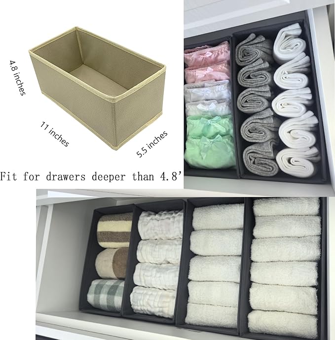 Drawer Organizer Set of 3, Foldable Fabric Storage Boxes 11"x5.5"x4.8", Underwear Socks Dividers for Dresser Closet Wardrobe Bra Panty Leggings, Khaki