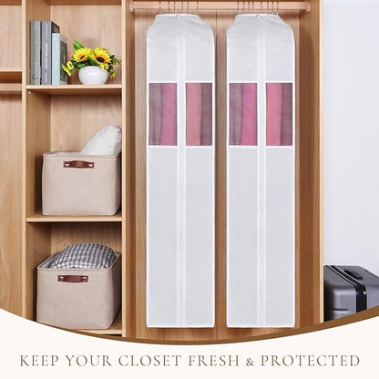 Univivi Premium Cotton Garment Bags for Hanging Clothes and Storage, 60 Inch Washable Dress Bags for Gowns Long, Full Zipper Dust Cover with Extra Large 10" Gusset & Clear Window - 2 Pack