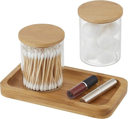 INIUNIK Qtip Holder With Vanity Tray, Glass Apothecary Jars With Lids for Bathroom, Cotton Ball Swab Pad Rounds Holder Canister Jars for Restroom Decorations and Organizer