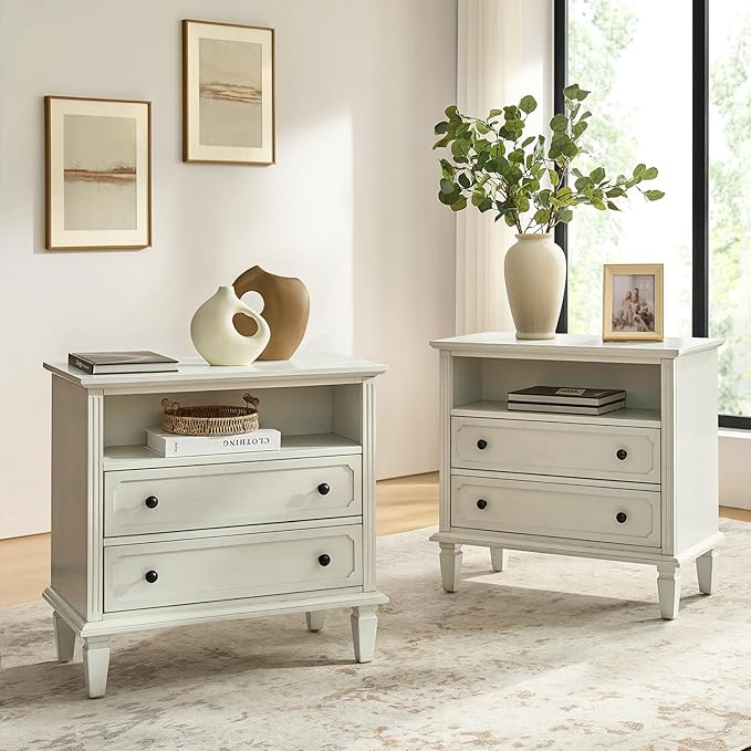 HULALA HOME Farmhouse End Table with Charging Station Set of 2, End Table with USB Ports & Outlets, Fluted Pilasters Design Side Table with Open Space and 2 Drawers Dresser for Living Room, White
