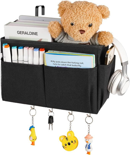 Frjjthchy Bedside Storage Organizer 5 Pockets with 4 Hooks Hanging Storage Bag for Headboards/Bunk Bed (Black)