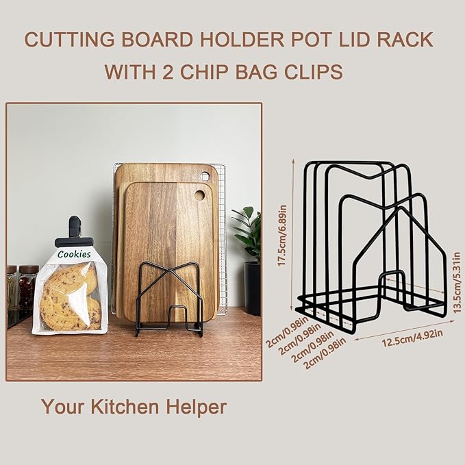 Cutting Board Holder Pot Lid Organizer W 2 Chip Bag Clips 304 Stainless Steel Pan Organizer Under Cabinet Inside Cabinet Pot Cover Cookie Sheet Bakeware Serving Tray Cooling Rack Stand Kitchen Black