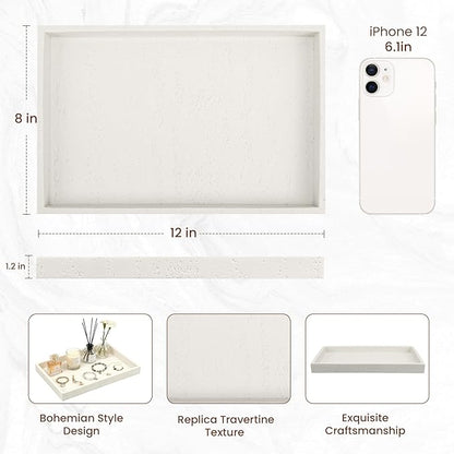 Artificial Travertine Tray, 12"x8" Perfume Tray for Bathroom Counter, Vanity, Home Organizer, Decorative Marble Trays for Perfume, Jewelry, Candles, Coffee, Rectangle, White