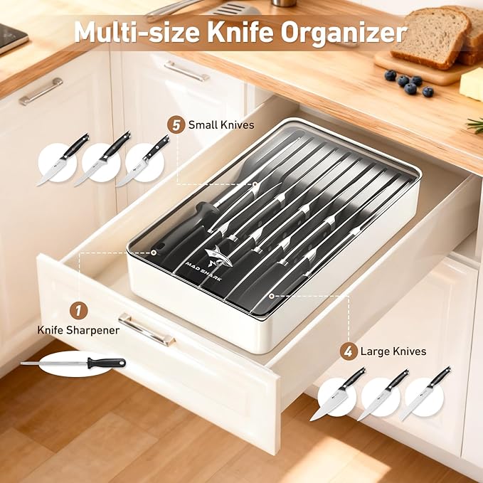 MAD SHARK 2-in-1 Detachable Knife Block & Silverware Organizer, Drawer Knife Holder for 10 Knives, BPA-Free, Blade-Safe Slots, Save Counter Space, Kitchen Drawer or Counter Storage, No Knives