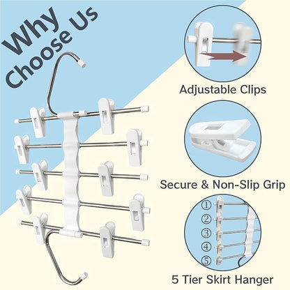 Zylkorb Skirt Hangers Pants Hangers Space Saving with Clips - 2 Pack - Space Saving Metal Closet Organizer for Shorts, Skirts, and Pants - Closet Organizer and Storage for Pants Jeans Skirts Legging