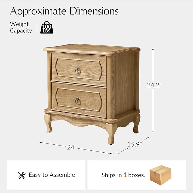 HULALA HOME Nightstand with 2 Drawers of Sculpted Drawer Front, French End Table with Curved Tabletop, Vintage Night Stand with Charging Station, Solid Wood Legs(Oak)