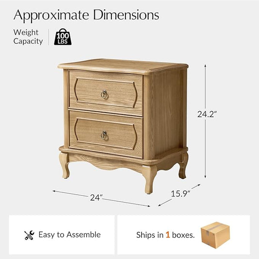 HULALA HOME Nightstand with 2 Drawers of Sculpted Drawer Front, French End Table with Curved Tabletop, Vintage Night Stand with Charging Station, Solid Wood Legs(Oak)