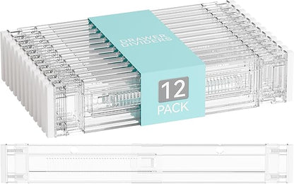 Yieach 12Pack 3.2 Inch Shallow Acrylic Drawer Dividers for Clothes -Expandable from 15-21''- Adjustable Drawer Dividers for Baby Clothing,Sock,Underwear,Clear in Drawer Separators for Dresser,Kitchen