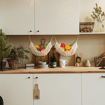 2 Pcs 11.8 x 20 Inch Large Macrame Fruit Hammock Under Cabinet Veggie Banana Hammock Hanging Fruit Basket Saves Counter Space for Kitchen Hand-woven Lace Hanging Basket for Kitchen(Rustic Style)
