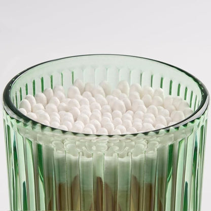 MKOSAB 2 Pack Qtip Holders for Bathroom, Clear Glass Apothecary Jars with Lids,Vintage Bathroom Canisters for Cotton Balls,Swabs,Floss Picks,Hair Ties,Vanity Organizer and Storage Decor (Green)