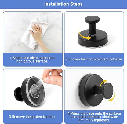 Season 2 Season Suction Cup Hooks for Shower, Bathroom Hooks for Towels Stainless Steel Wall Hook for Hanging up to 6.5 lbs Hooks for Kitchen, Glass, Mirror (2Pcs Black)