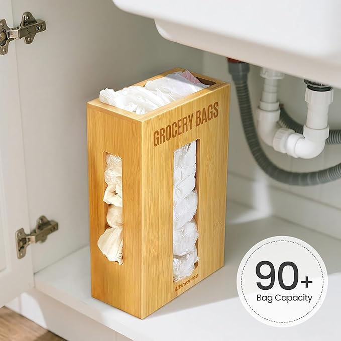 Extra Large Bamboo Grocery Bag Holder for Plastic Bags, Under Sink Cabinet or Wall Mounted Organizer, Space-Saving Bag Dispenser for Kitchen, Pantry, Laundry Room, Garage