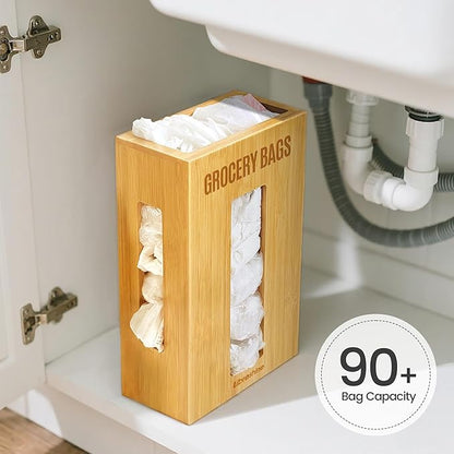 Extra Large Bamboo Grocery Bag Holder for Plastic Bags, Under Sink Cabinet or Wall Mounted Organizer, Space-Saving Bag Dispenser for Kitchen, Pantry, Laundry Room, Garage