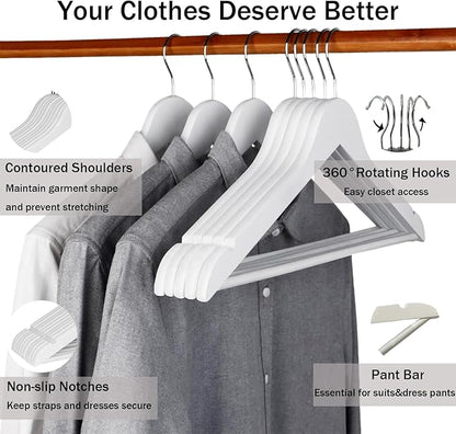 White Wooden Coat Hangers, Durability Wood Suit Hangers with Non Slip Pant Bar, Solid Wooden Clothes Hangers with Wide Shoulder Design for Shirts, Jackets, Dress, Pants, Sweaters, 30 Pack