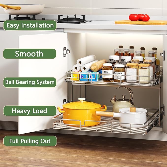 MODCART 2 Tier Individual Pull Out Cabinet Organizer 27" W x 21½" D, Heavy Duty Cabinet Pull Out Shelves, Slide Out Drawers Organization for Kitchen Cabinets Bathroom