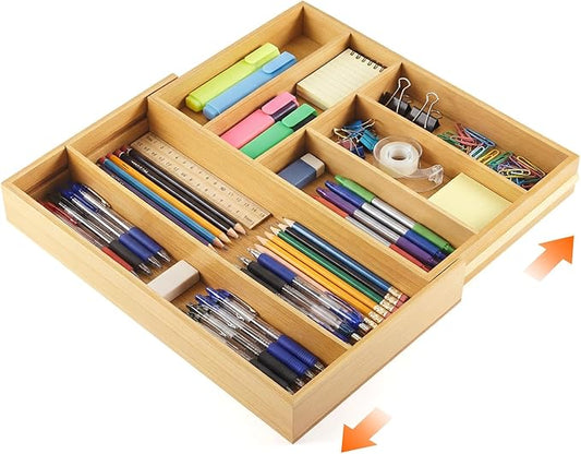 Briwooody 1 Pcs Bamboo Drawer Organizer 9'' up to 18'' x 15'' x 2'' Expandable Drawer Organizer Pens Notebook Ruler Makeup Tray with 7 Adjustable Compartments for Desk Office Kitchen Bathroom(Wood)