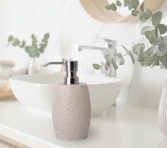 Clasin Home Sandstone Textured Resin Soap Dispenser with Metallic Pump and Waterproof Bottle Labels for Bathroom Kitchen Dish Hand Wash Shower Lotion Shampoo, 12 Oz, Beige