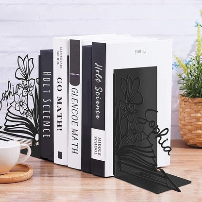 Personalized Flower Book Ends for Shelves 2 Pcs, Custom Name Metal Book Holders, Unique Bookends for Heavy Books, Non-Slip Book Stopper, Home Office Desk Bookshelf Decor, Customized Gifts