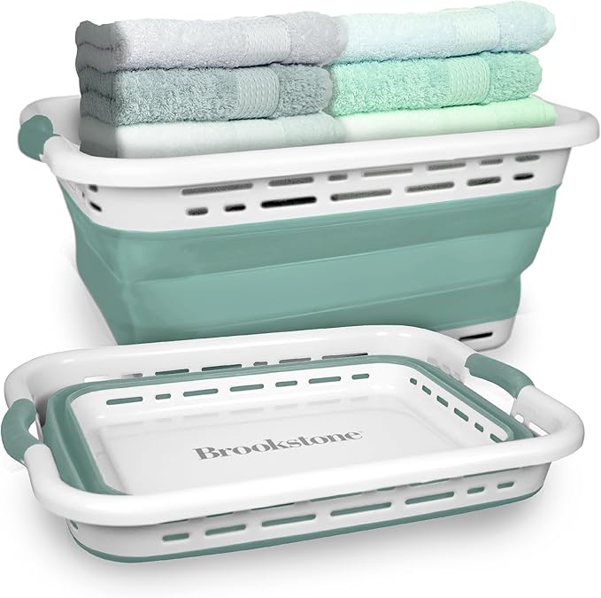 BROOKSTONE 11 GALLON XL 24" Collapsible Laundry Basket, Comfort Non-Slip Grip Handles, Modern Minimalist Space Saving Design, Portable Pop-Up Hamper, BPA FREE, Mint, 1 Basket