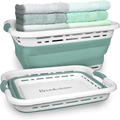 BROOKSTONE 11 GALLON XL 24" Collapsible Laundry Basket, Comfort Non-Slip Grip Handles, Modern Minimalist Space Saving Design, Portable Pop-Up Hamper, BPA FREE, Mint, 1 Basket