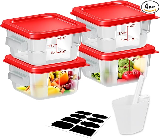WELKOR Airtight Square Food Storage Containers with Lids 4-Pack, Lock-Tight Seal for Flour, Sugar, Cereal, Keep Food Fresh, BPA-Free Stackable Kitchen Canisters with Measurements (Red, 2QT-4PACK)