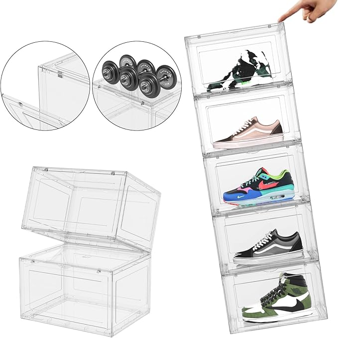Knifefish 12 Packs Large Acrylic Clear Shoe Boxes with Magnetic Door, Strong Stackable Shoe Organizers, Sneaker Containers, Boot Display Case Up to US Size 15