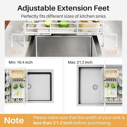 SNTD Dish Drying Rack - Extendable Dish Rack, Large Sink Drying Dish Drainer for Kitchen Counter, Stainless Steel Dish Strainer with Utensil Holder (White)