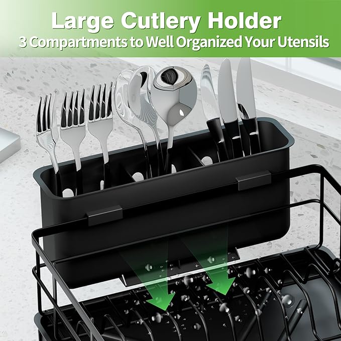 Dish Drying Rack for Kitchen Counter - Rust-Resistant Kitchen Drying Rack with Removeable Cutlery Holder, Dish Drainer Organizer with Utensil Holder for Home Kitchen for Spoons and Forks, Black