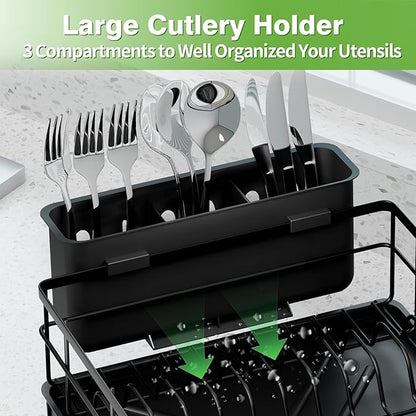 Dish Drying Rack for Kitchen Counter - Rust-Resistant Kitchen Drying Rack with Removeable Cutlery Holder, Dish Drainer Organizer with Utensil Holder for Home Kitchen for Spoons and Forks, Black