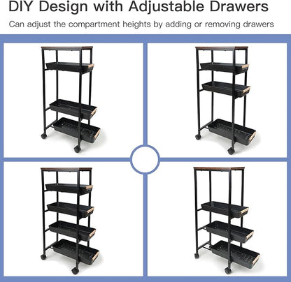 5 Tier Slim Rolling Storage Cart with Wood Top, Narrow Laundry Room Organizer for Tight Gaps, Metal Bathroom Gap Filler, Kitchen Pantry Trolley, Small Spaces (Black)
