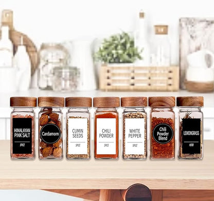 Churboro 36 Glass Spice Jars with 547 Labels with Shaker Lids - 4 Oz Square Spice Containers with Acacia Wood Lids, Chalk Pen, Funnel Seasoning Jars for Spice Rack, Cabinet, or Drawer