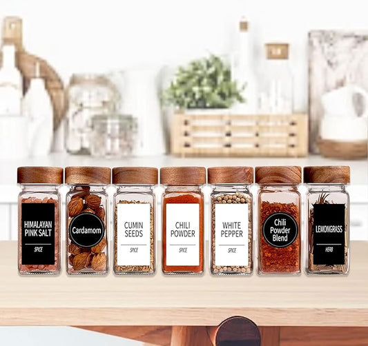 Churboro 24 Spice Jars with 547 Labels - Glass Spice Jars with Shaker Lids - 4 Oz Square Spice Containers with Acacia Wood Lids, Chalk Pen, Funnel- Seasoning Jars for Spice Rack, Cabinet, or Drawer