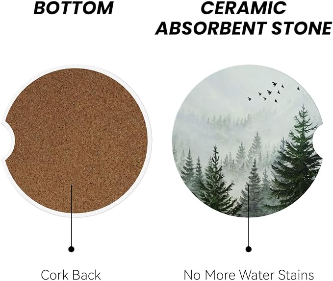 Forest Car Cup Holder Coaster 2 Pack Absorbent Ceramic Car Coasters for Cup Holders Car Accessories Interior for Women Men Universal Anti Slip Cork Base Cup Coasters with Finger Notch