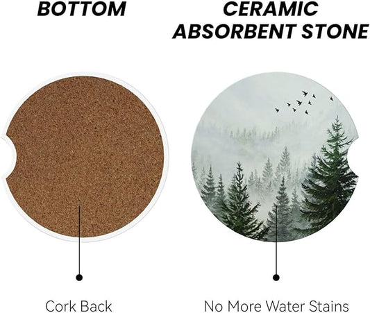 Forest Car Cup Holder Coaster 2 Pack Absorbent Ceramic Car Coasters for Cup Holders Car Accessories Interior for Women Men Universal Anti Slip Cork Base Cup Coasters with Finger Notch