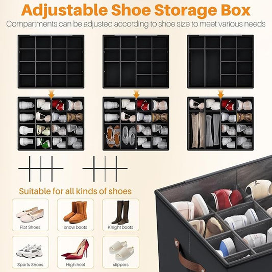 MIFXIN Shoes Organizer for Closet Fit 16 Pairs Large Shoe Box Storage Container Shoe Storage Bin with Clear Cover & Reinforced Handles, Space Saving Shoes Container (Black)