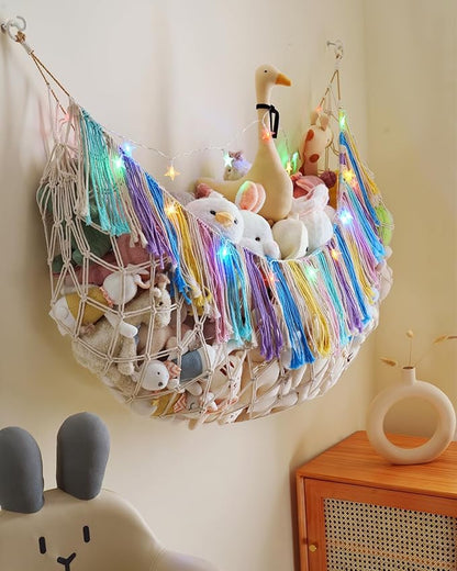 Stuffed Animal Hammock Net with Lights - Xlarge Wall Hanging Stuffed Animal Storage for Plushie Toys and Teddy Bears,Boho Stuffy Hammock for Kids Bedrooms Playroom Nursery