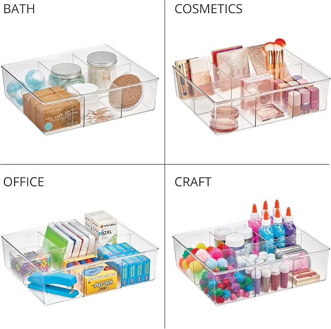 mDesign Plastic 6 Compartment Dresser Drawer Divided Organizer Bin for Scarves, Socks, Bras, Hair Ties, Belts, Underwear - Closet Shelf Storage Organization, Lumiere Collection, Clear