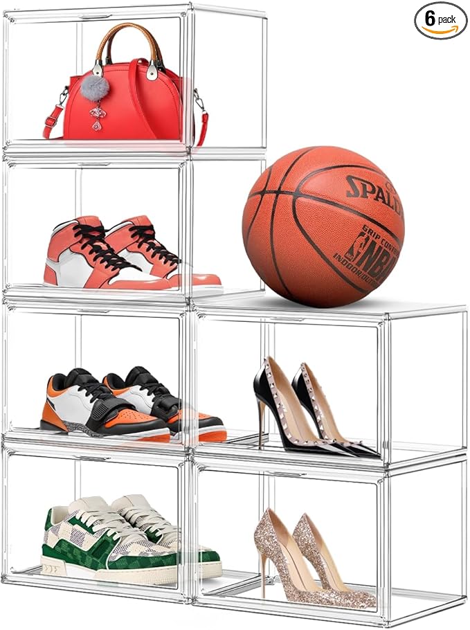 EZJOB 6 Pack Shoe Storage Boxes Clear Plastic Stackable X-Large Containers Sneaker Storage Display Case Zapateras Organizer with Magnetic Door, Easy Assembly,Fit up to US Size 14
