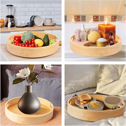 13in Bamboo Lazy Susan Pantry Turntable Organizer and Storage with Tall Side Anti Fall for Countertop and Spice Organization for Table Top Round Seasoning Condiment Tray for Kitchen (Bamboo-2, 13in)