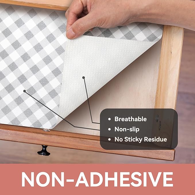 RAY STAR Shelf Liners for Kitchen Cabinets Non-Adhesive, 18 Inch X 8 Feet Cabinet Liners for Shelves Waterproof Easy Trim Wipe Clean Non Slip Grip Bottom Drawer Pantry Liner Gingham Checkered Grey