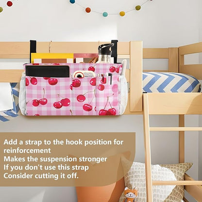 CuwrYet Bedside Caddy Hanging Bunk Bed Caddy Bed Organizer Hanging Pocket with 2 Hooks Bedside Storage Organizer Pocket Bag Holder Pink Juicy Checkered Cherry