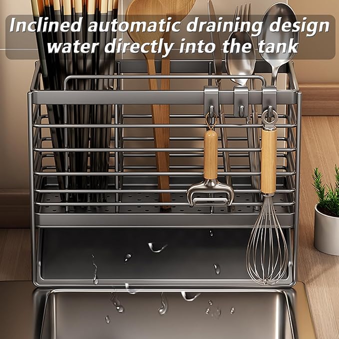 Utensil Holder,Dish Drainer for Kitchen Counter, 3 Compartments Stainless Steel Utensil Drying Rack, Kitchen Utensils Holder with Towel Bar,Self-Draining Tray Design(Gray)
