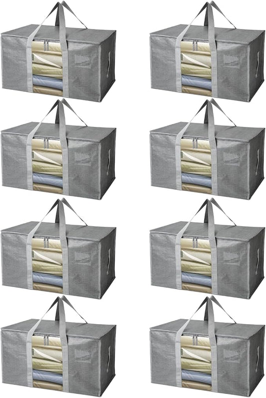 BALEINE 8-Pack Oversized Moving Bags with Reinforced Handles, Heavy-Duty Storage Tote Moving Supplies for Packaging, Camping (Gray w/Window, 8-Pack)